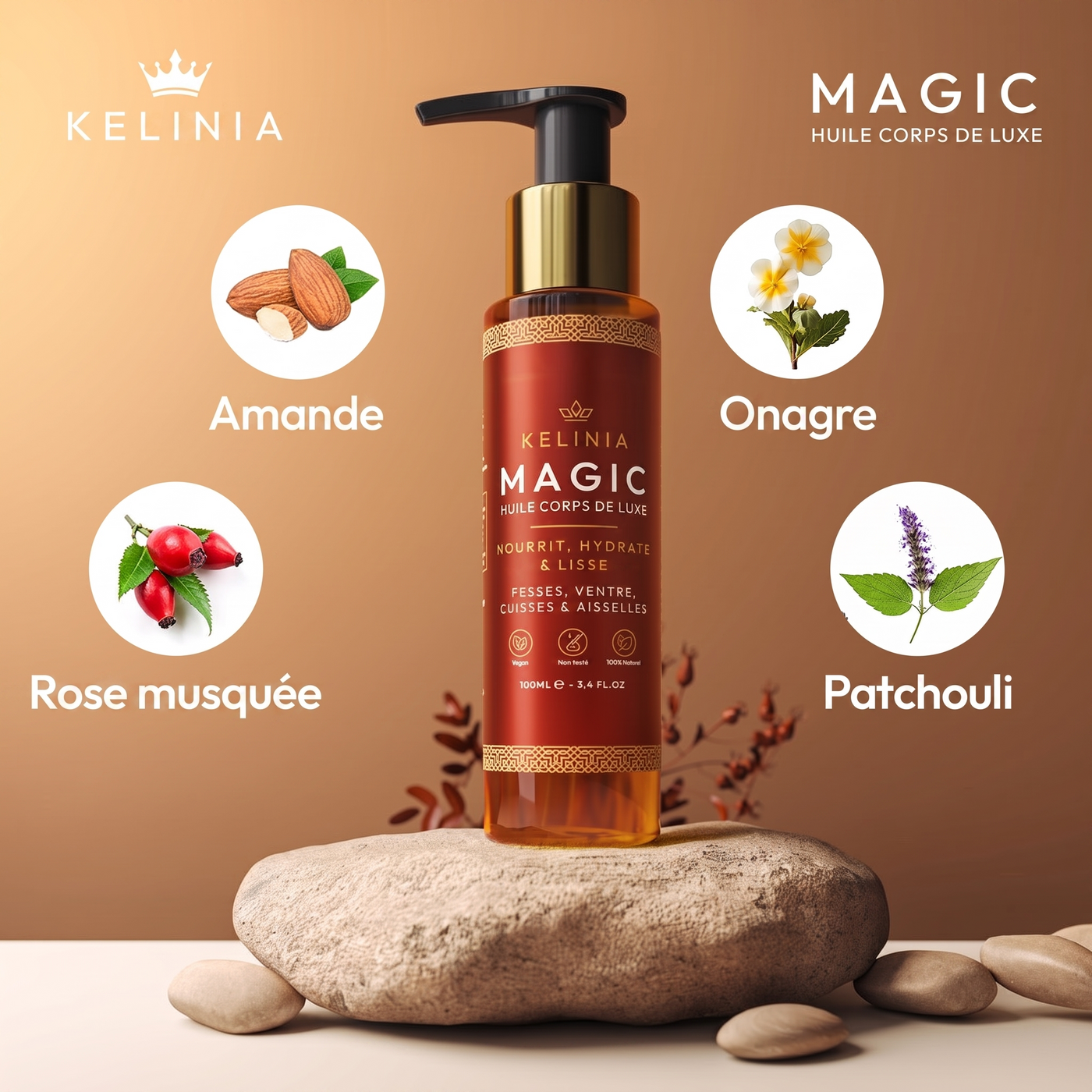 Kelinia Huile Corps Magique - amande, onagre, rose musquée, patchouli